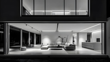 Two story minimalist interior design of modern house. 