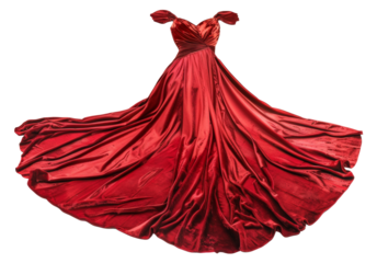 Red velvet evening gown with flowing train on transparent background - stock png.