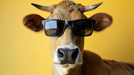 Adorable cow wearing sunglasses standing in front of pastel color studio background