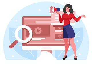 Video courses. Businesswoman with megaphone. Attention announcement, important message. Loudspeaker or loud voice concept. Background with internet player. Podcast, streaming service, video hosting