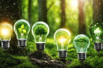 Glühbirnen mit Wassersparsymbolen im grünen Wald mit Sonnenlicht. Saubere erneuerbare Energie, Symbolik für Umweltschutzkonzepte - obrazy, fototapety, plakaty