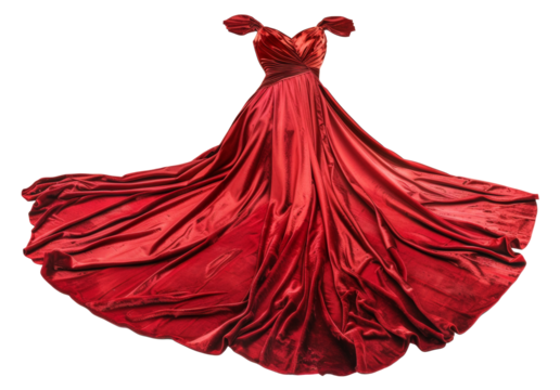 Red velvet evening gown with flowing train on transparent background - stock png.
