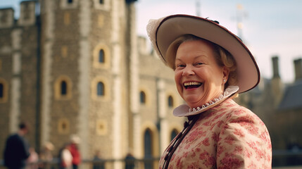 British lady in a national costume queen like with a fancy hat smile and laughing to the camera