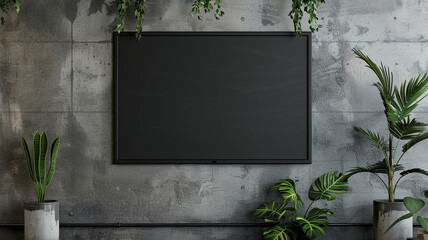 A contemporary 3D wall frame mockup in matte black against a concrete wall, providing an industrial...