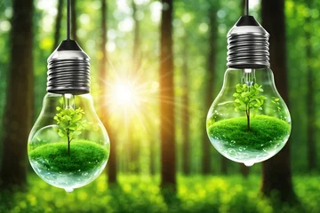 Foto op Aluminium Glühbirnen mit Wassersparsymbolen im grünen Wald mit Sonnenlicht. Saubere erneuerbare Energie, Symbolik für Umweltschutzkonzepte © Chris