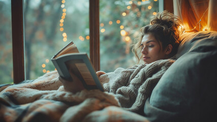 A young woman engrossed in reading a book, comfortably wrapped in a warm blanket by the window with soft light and fairy lights in cozy living room. Relaxing and calm at home concept.