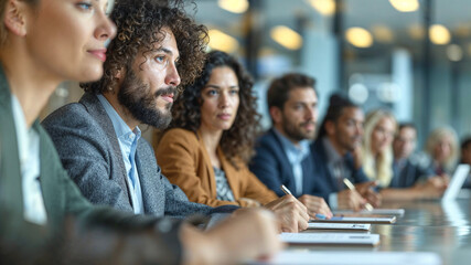 Fototapeta premium A group of attentive professionals participating in a business meeting in a modern office setting.