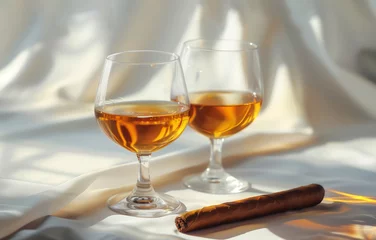 Fotobehang glasses of brandy with cigars, alcoholic drinks © antkevyv