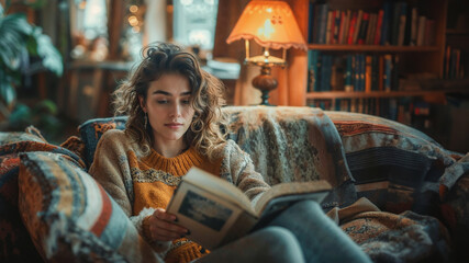 A young woman is absorbed in a book, sitting in a comfortable armchair in a cozy home library with a warm living room, inviting atmosphere. Relax and calm concept.