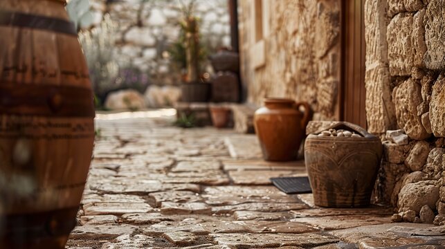 Surroundings of Jewish stone houses in the period of Jesus Christ. Close-up of the exterior of a mud-brick Jewish house in the historical period of the Messiah.