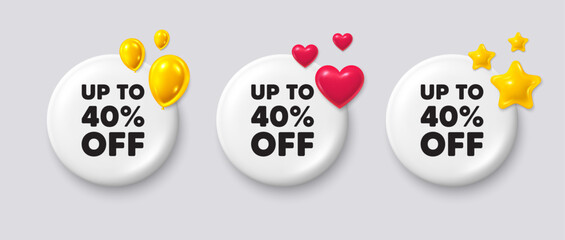 White buttons with 3d icons. Up to 40 percent off sale. Discount offer price sign. Special offer symbol. Save 40 percentages. Discount tag button message. Vector