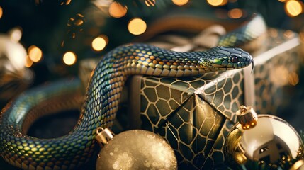 Green snake curled around Christmas decorations, creating a luxurious and festive holiday atmosphere.