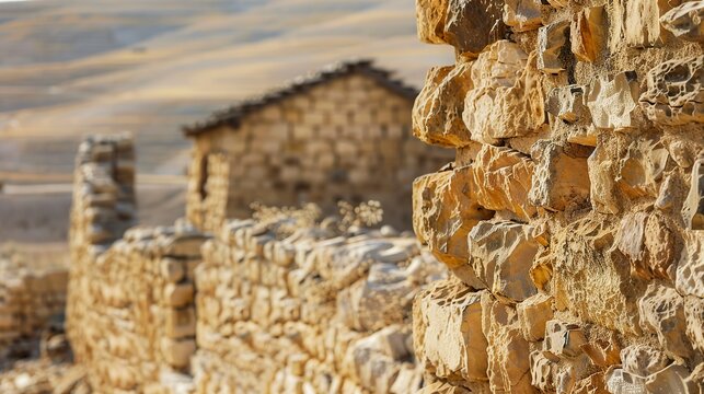 Surroundings of Jewish stone houses in the period of Jesus Christ. Close-up of the exterior of a mud-brick Jewish house in the historical period of the Messiah.