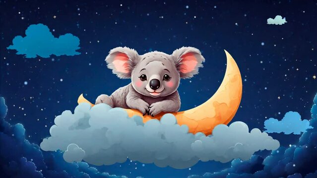 koala rides on the moon and on a cloud, blinking his eyes. clouds move smoothly in the starry sky