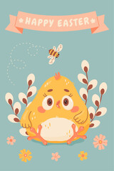 Easter greeting card with small chick, flowers and bee. Hand drawn cute cartoon chick. Flat vector spring greeting card. Happy Easter. Vector illustration