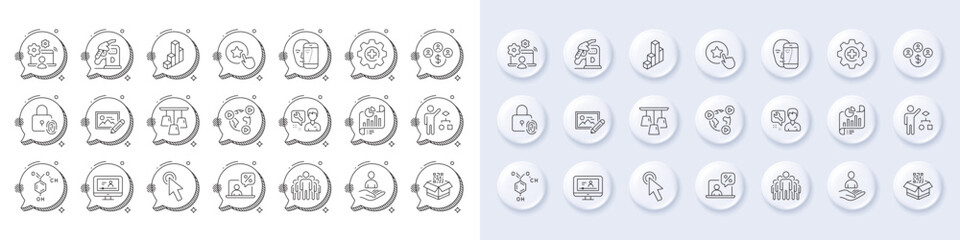 Group, 3d chart and Medicine line icons. White pin 3d buttons, chat bubbles icons. Pack of Qr code, Fingerprint lock, Online video icon. Report document, Repairman, Algorithm pictogram. Vector