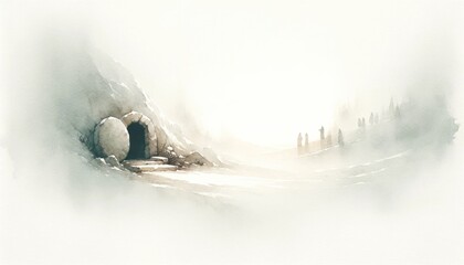 Resurrection of Jesus. The tomb is discovered to be empty. Life of Jesus. Digital watercolor painting. 