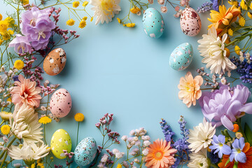 Fototapeta na wymiar Colorful flowers and Easter eggs on a blue background.