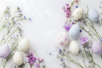 Pastel Easter eggs and flowers on white background, minimal, clean