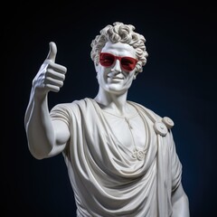 Happy smiling Greek white plaster statue with beard, wearing business suit and blue sunglasses, thumb up. on dark background