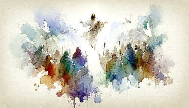 Resurrection of Jesus: Jesus appears to his followers. Life of Jesus. Digital watercolor painting.