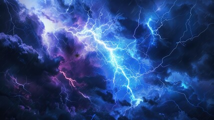 Vivid lightning storm in purple cloudscape - A dramatic display of natural electricity as lightning bolts strike through a purple-tinted stormy sky, showcasing nature's energy - obrazy, fototapety, plakaty