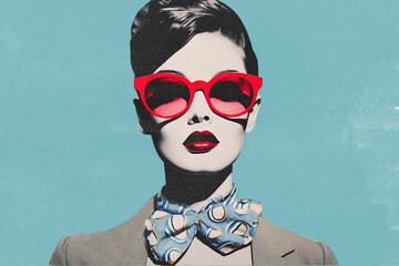 Pop art portrait of  fashionable young woman with red sunglasses and stylish outfit isolated on paper textured light blue background - obrazy, fototapety, plakaty