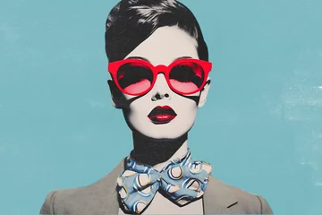 Rolgordijnen Pop art portrait of  fashionable young woman with red sunglasses and stylish outfit isolated on paper textured light blue background © Aul Zitzke