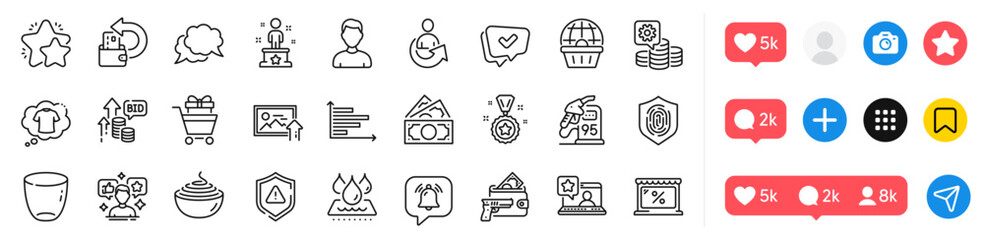 Success, Armed robbery and Headshot line icons pack. Social media icons. Bid offer, Cash back, Approved web icon. Shopping trolley, Making money, Glass pictogram. Upload photo, T-shirt, Star. Vector