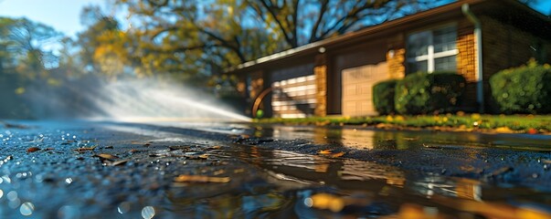 Expert power washing enhances driveway appearance, instantly boosting curb appeal and home value. Concept Home Improvement, Power Washing, Curb Appeal, Driveway Maintenance, Property Value - obrazy, fototapety, plakaty