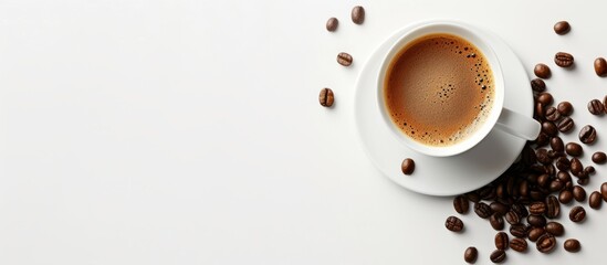 Aromatic Coffee Cup filled with Freshly Roasted Coffee Beans on Clean White Background for Coffee Lovers