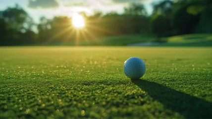 Poster White Golf ball on green course to be shot on blurred beautiful landscape of golf course in sunset day time with copy space. Sport, Recreation, Relax in holiday concept  © StellaPattaya