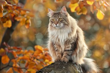 A norwegian forest cat with long fur is sitting on a rock in autumn