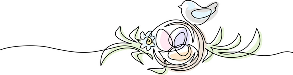 Happy Easter. Hen with Easter eggs. Continuous line drawing. Border frame with hand drawn text.