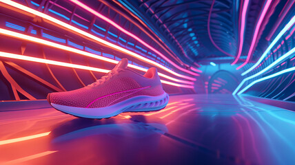 A dynamic 3D mockup of a running shoe on a futuristic neon-lit runway, featuring an empty area on the shoe for showcasing custom designs or brand logos.