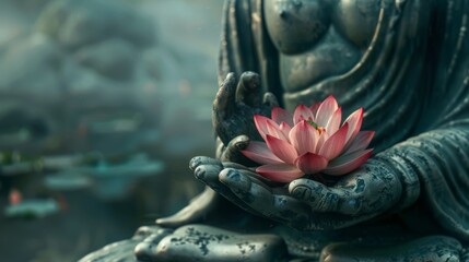 A serene Buddha statue holding a pink lotus flower, set against a blurred water lily pond. Ideal...