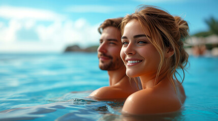 Happy young couple in swimming pool on sunny day, focus on woman