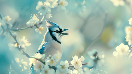 A beautiful blue jay perched on a branch of a cherry blossom tree. The bird is facing the viewer with its beak open and its crest feathers raised.