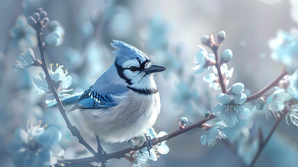 A beautiful blue jay is perched on a branch of a cherry blossom tree. The bird is facing the viewer with its head cocked to one side.