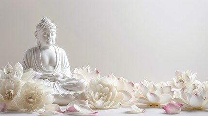A white Buddha statue in meditation, with pink lotus flowers and green leaves on water, under a...