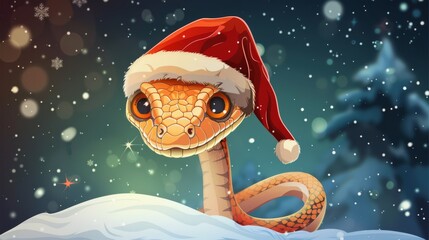A red and orange snake with a Santa hat nestled among tropical foliage, adding a twist to traditional holiday themes.