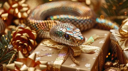 A scaly, rainbow-colored snake weaves through a festive array of Christmas presents and decorations, highlighting a theme of unexpected holiday surprises. - obrazy, fototapety, plakaty