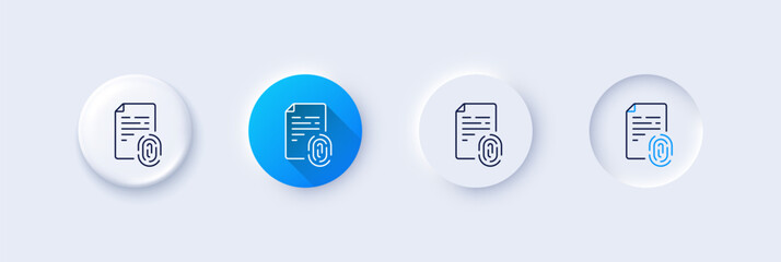 Fingerprint document line icon. Neumorphic, Blue gradient, 3d pin buttons. Finger print scan sign. Biometric identity symbol. Line icons. Neumorphic buttons with outline signs. Vector