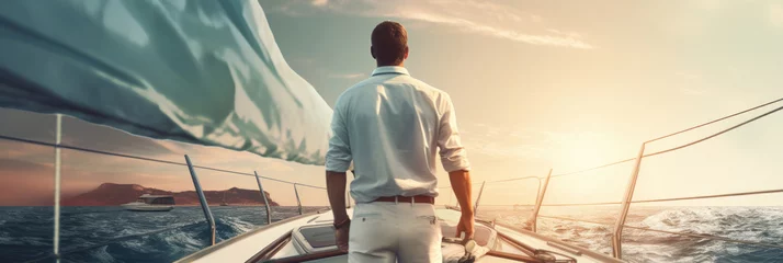 Zelfklevend Fotobehang Rear view of a stylish man in business clothes standing on the deck of a luxury sailing yacht. Cruise holidays and boat rentals. © OleksandrZastrozhnov