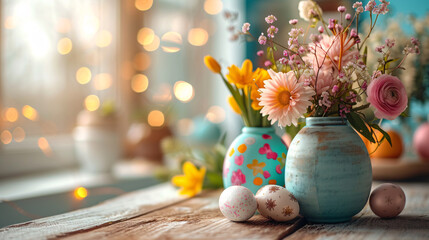 a vase with flowers and eggs on a table - obrazy, fototapety, plakaty