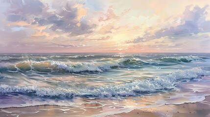 the serene beauty of the sea at dawn, with gentle waves lapping against the shore under a pastel-colored sky.