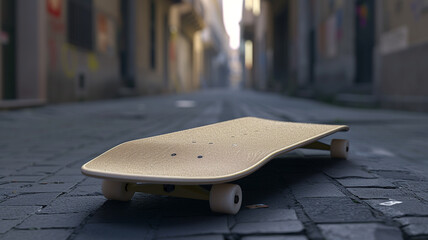A dynamic 3D mockup of a skateboard deck on an urban street background, with an empty space on the deck for adding custom designs or logos, ideal for showcasing skateboard brands. - Powered by Adobe