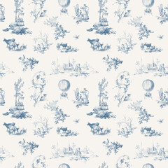 Seamless Toile De Jouy Graphic Pattern, Blue Victorian Chinoiserie Background