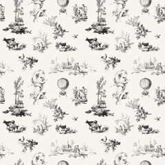 Seamless Toile De Jouy Graphic Pattern, Black and White Victorian Chinoiserie Background