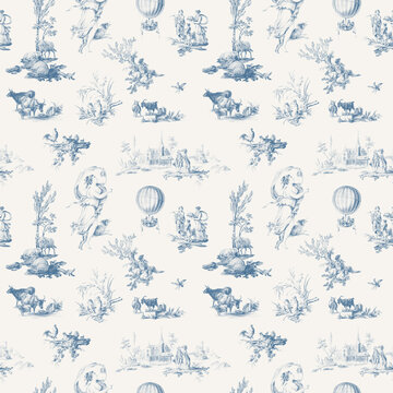 Seamless Toile De Jouy Graphic Pattern, Blue Victorian Chinoiserie Background
